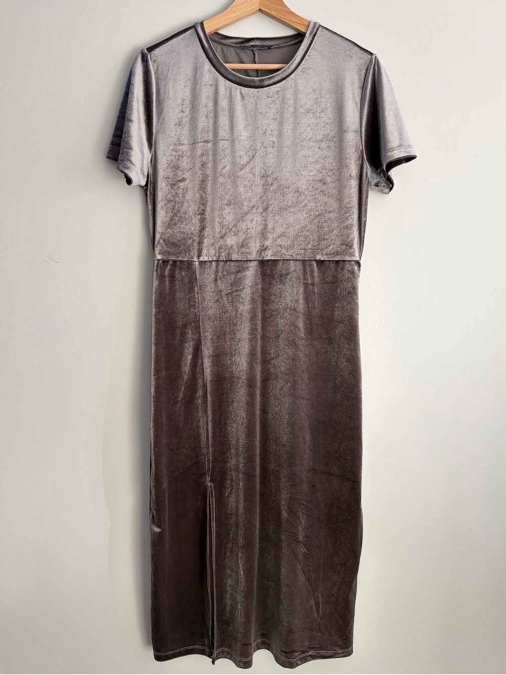 Zara Short-Sleeve Velvet-Look Maxi Dress — Taupe